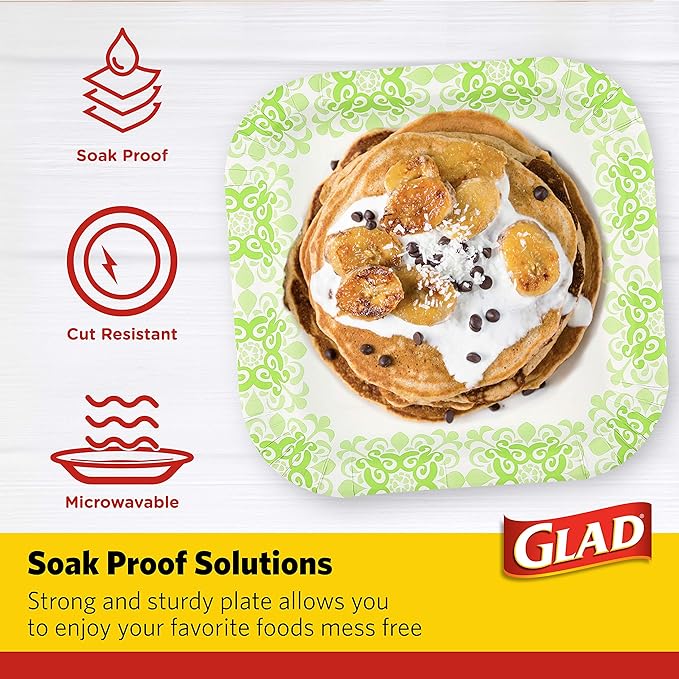 Glad Square Disposable Paper Plates, Green Victorian Pattern - Strong, Sturdy, Soak Proof, and Microwavable Decorative Plates for Dinner and Everyday Use, 10 Inch, 100 Count