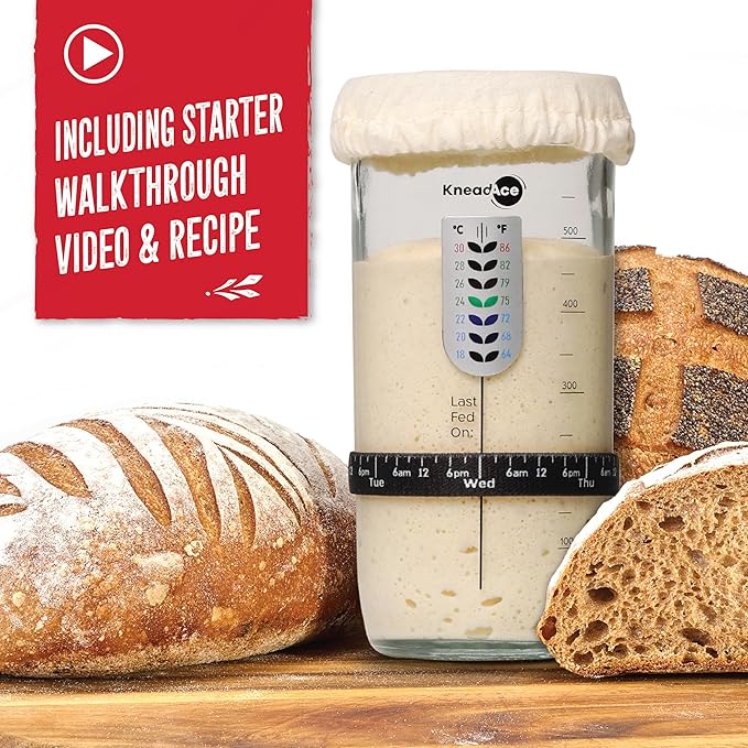 KNEADACE Sourdough Starter Jar With Date Marked Feeding Band, Thermometer, Sourdough Jar Scraper, Sourdough Container Sewn Cloth Cover & Metal Lid, Sourdough Starter Kit (2 Pack)