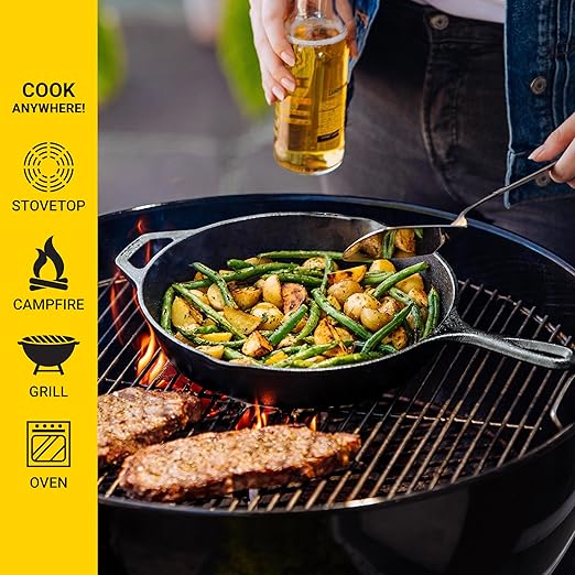 Lodge 10.25 Inch Cast Iron Skillet ??Pre-Seasoned Frying Pan with Teardrop Handle ??Oven, Stovetop, Grill & Campfire Use ??Made in USA ??Durable, Non-Toxic, Even-Heating Cookware ??Black