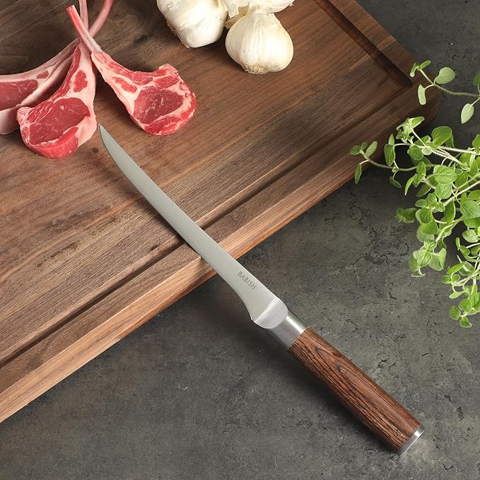 Babish 1.4116 German Stainless Steel Boning & Fillet Knife with Dark Pakka Wood Handle ??6-Inch Full-Tang Flexible Kitchen Knife for Meat, Poultry, Fish & Precision Butchering