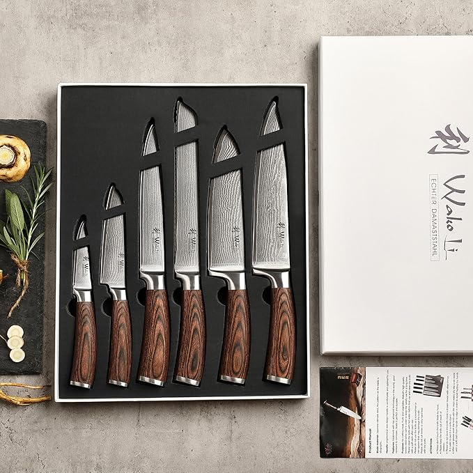 Wakoli EDIB 6-Piece Damascus Knife Block Set ??Professional Kitchen Knives with Magnetic Acacia Block ??Kitchen Knife Set made of 67-Layer Damascus Steel Blades & Ergonomic Pakkawood Handles