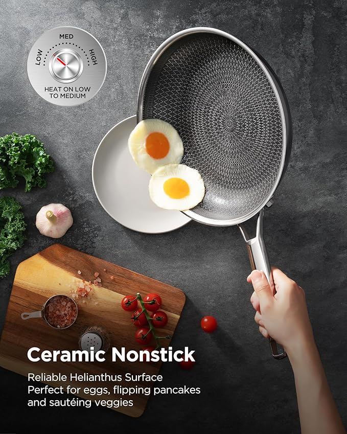 Wok pan with Lid, Hybrid Ceramic 13 Inch Tri-Ply Stainless Steel Woks & Stir-fry Pans Nonstick, Non-Toxic, PFAS/PFOA/PTFE Free, Metal Utensil Safe, Dishwasher & Oven Safe, Induction Compatible