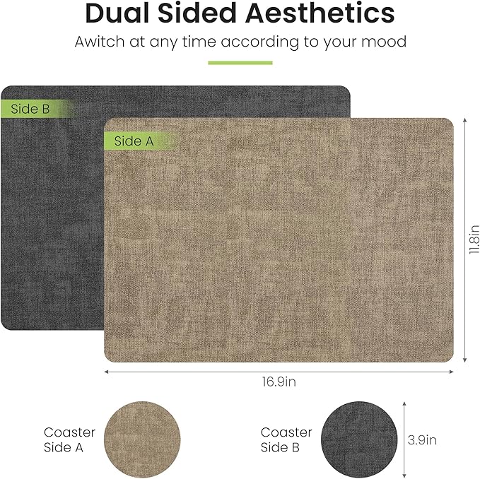 Fyvva Placemats Set of 6, Faux Leather Heat Resistant Wipeable Placemats, Dual Sided Waterproof Washable Table Mats with Coaster, Suitable for Kitchen, Dining, Table Decor (6, Black Light Coffee)