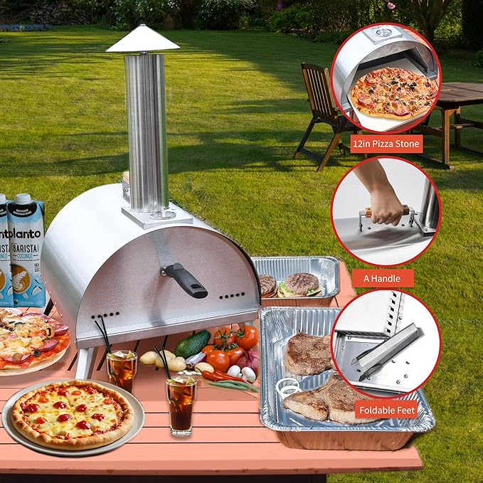 Rixordd 12" Wood Pellet Pizza Oven ??Portable Stainless Steel Outdoor Pizza Maker with Built-In Thermometer, Foldable Legs, Carry Handle & Cordierite Pizza Stone for Backyard, Patio & Camping