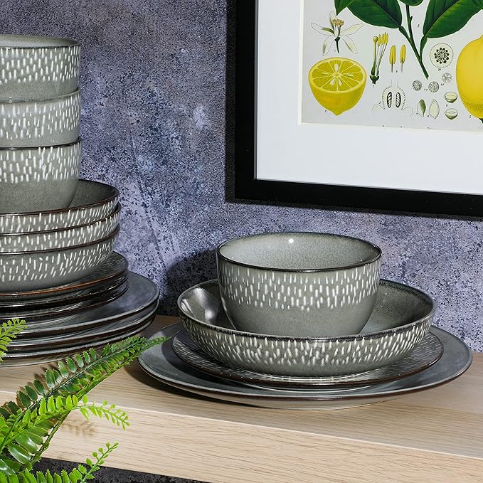 Gibson Elite Matisse 16-Piece Double Bowl Dinnerware Set, Service for 4 ??Green Stoneware Plates and Bowls