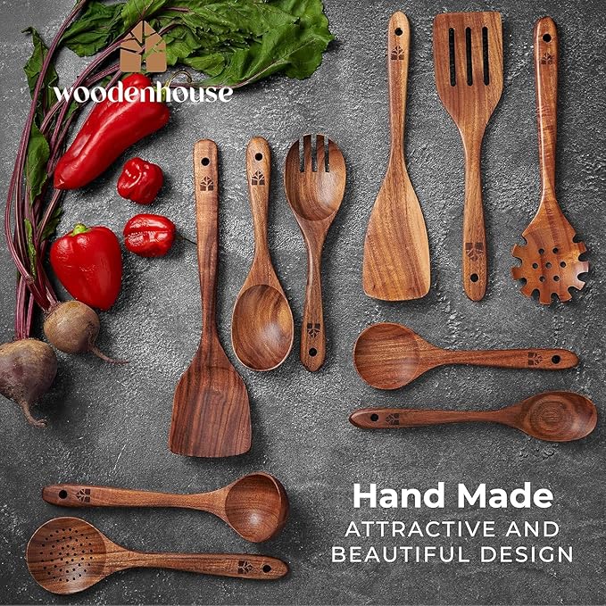 Wooden Spoons for Cooking ??10 Pc Teak Wood Utensil Set, Durable, Nonstick Safe & Heat Resistant with Ergonomic Handles - Unique Kitchen Gifts for Women Men, Cooking Gifts for Men Women