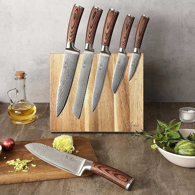 Wakoli EDIB 6-Piece Damascus Knife Block Set ??Professional Kitchen Knives with Magnetic Acacia Block ??Kitchen Knife Set made of 67-Layer Damascus Steel Blades & Ergonomic Pakkawood Handles
