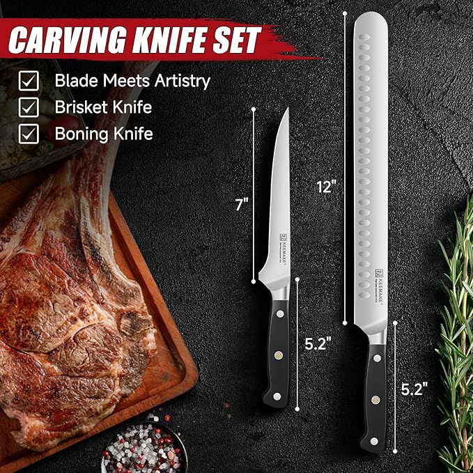 KEEMAKE Carving Knife Set, Slicing and Boning Knife for Meat Cutting, German High Carbon Stainless Steel Carving Knives for Meat Turkey BBQ and Brisket, BBQ Knife Set with Ergonomic Full Tang Handle