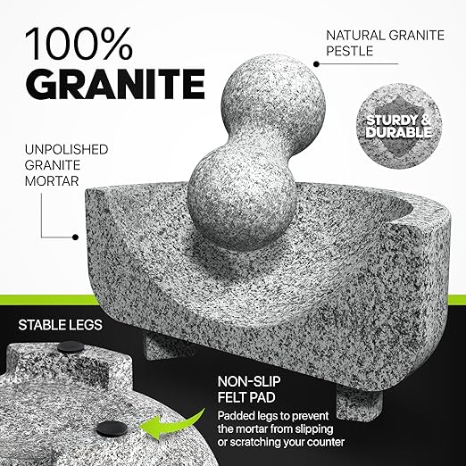 Umien Granite Mortar and Pestle Set - 8-Inch Natural Stone Molcajete with Avocado Tool - 3.5 Cup Capacity for Spices, Herbs, Pestos & Guacamole - Premium Kitchen Christmas Gift (Grey)