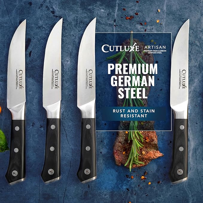 Cutluxe Steak Knives Set of 4, Straight Edge Steak Knife Set ??Forged High Carbon German Steel, Full Tang, Ergonomic Handle Design ??Artisan Series