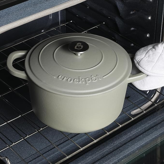 Crock-Pot Artisan 5-Quart Round Cast Iron Dutch Oven with Lid ??Matte Green, Durable Oven Safe Cookware