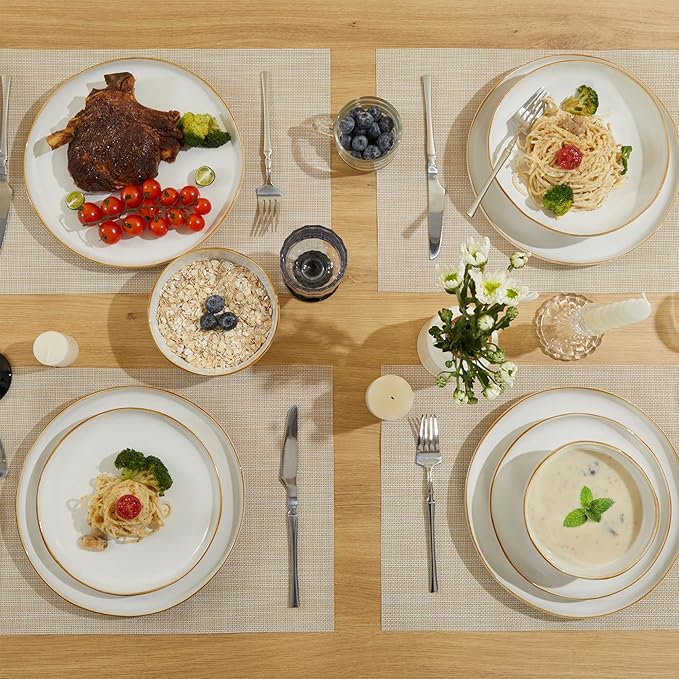 24 Piece White Ceramic Plates and Bowls Sets for 8, Reactive Glaze Stoneware with Coastal?멛ine Look | Ideal for Holiday Entertaining, Thanksgiving, and Large Family Meals