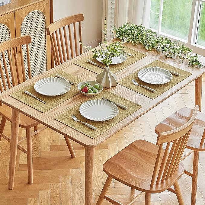 Softalker Faux Linen Placemats Set of 6-12 x 18 Inch, Heat Resistant Double Layered Durable Burlap Farmhouse Place Mats, Non-Slip Washable Rustic Table Mats for Dining, Kitchen, Party竊뉻haki
