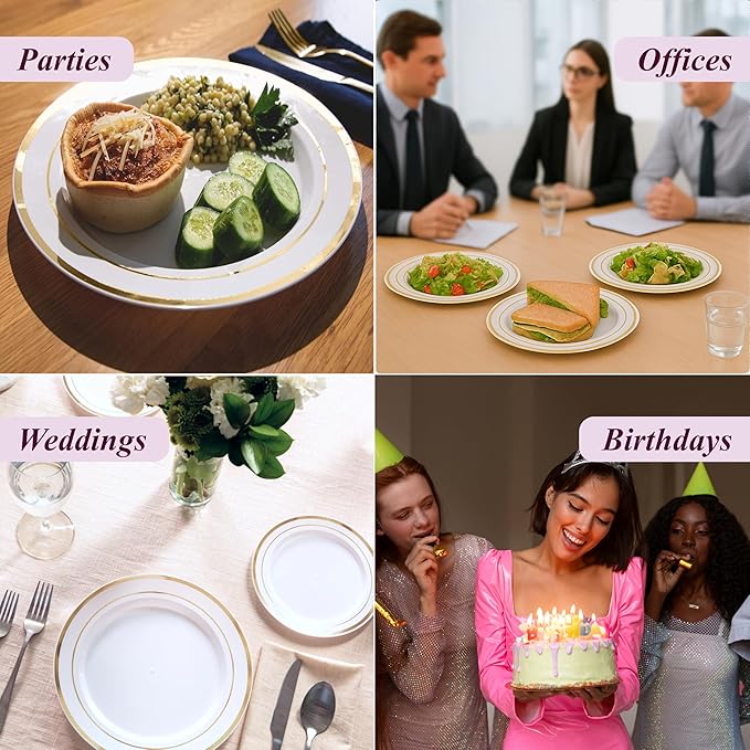 Aya's 60 Pack Heavy Duty Plastic Plates with Gold Rim - 30 Each of 10" Dinner and 7.5" Appetizer White Disposable Plates - Elegant Fancy Plastic Plates for Party, Weddings, and Special Events