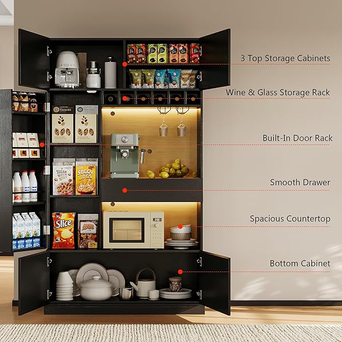 iPormis 69" Tall Kitchen Pantry Storage Cabinet with LED Lights & Microwave Stand & Wine Rack, Kitchen Hutch with Door Shelves & Adjustable Shelf & Drawers & Charge Station for Living Room, Black