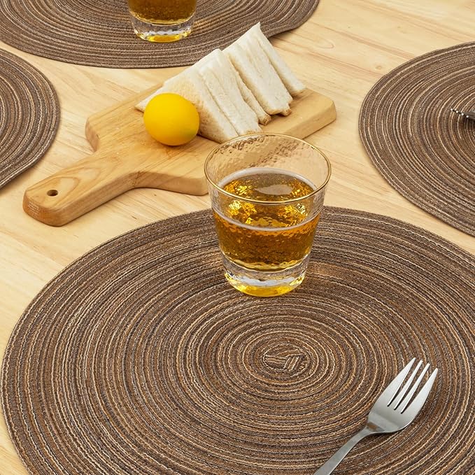 Winknowl Round Braided Placemats Set of 6 Washable Woven Heat Resistant Table Mats for Kitchen Dining Tables 15 inch Round Place Mats (Brown,6)