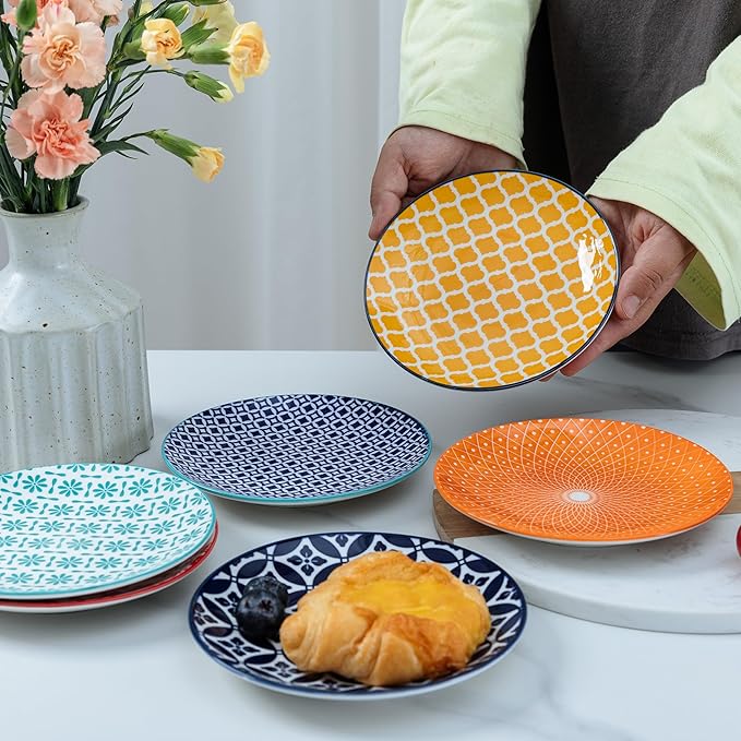 LEHAHA Ceramic Appetizer Plates Set of 6, Small Dessert Plates 6 inch, Colorful Round Salad Plate, Porcelain Serving Dishes for Cake, Waffle, Bread, Microwave & Dishwasher Safe