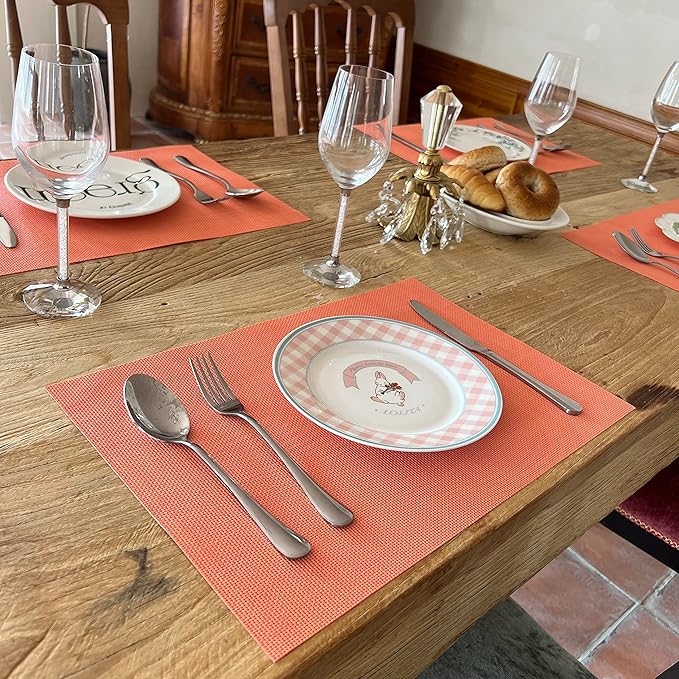 WAZAIGUR Placemats,Easy to Clean Crisscross Woven Vinyl Place Mats Durable Non-Slip Heat Resistant Table Mats,Placemats for Kitchen Table (Orange, 6)