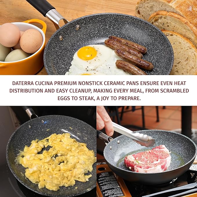 DaTerra Cucina Nonstick 3-Skillet Bundle ??9.5" and 13" Fry Pans, 11" Fry Pan with Glass Lid, Oven Safe, Nonstick Cookware, PTFE & PFOA Free, Durable Ceramic Coating - Made in Italy, Volcanic Black