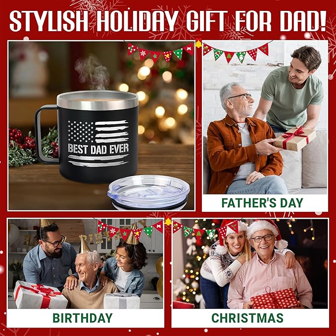 Christmas Birthday Gifts for Dad from Daughter Son Kids Wife - 14 oz Stainless Steel Insulated Coffee Mug with Lid - Best Dad Ever Birthday Gifts for Men Grandpa, Mens Gift Ideas for Christmas