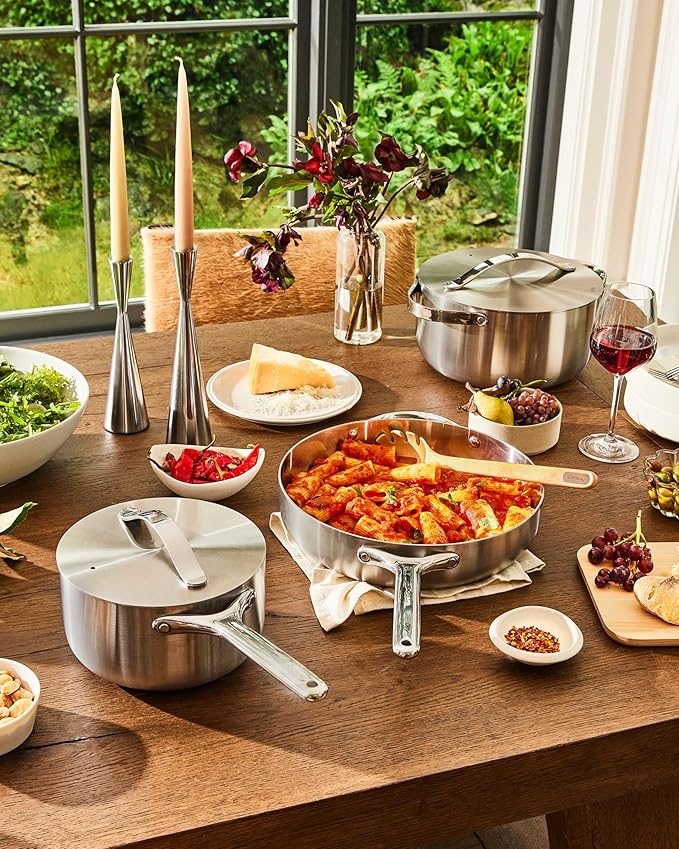 Caraway Stainless Steel Cookware Set ??12 Piece 5-Ply Stainless Steel Pots and Pans Set - Includes Fry, Sauce, Saut챕 Pan, Dutch Oven, and Space-Saving Storage - Non Toxic, PTFE & PFOA Free