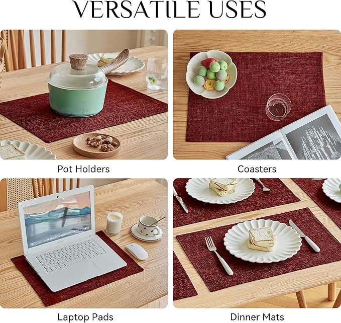 Softalker Faux Linen Placemats Set of 4-12 x 18 Inch, Heat Resistant Double Layered Durable Burlap Farmhouse Place Mats, Non-Slip Washable Rustic Table Mats for Dining, Kitchen, Party竊늃ed