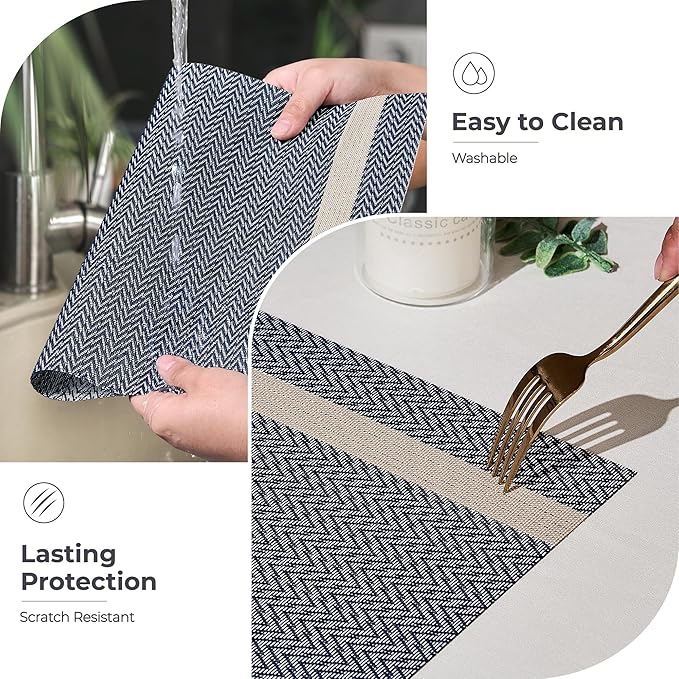 Leetaltree Luxury Dark Blue Placemats with Gold Stripes Placemats Set of 12 - Waterproof Washable for Wedding, Anniversary, Daily Use - Sparkling Table Decor - Hand-Cut