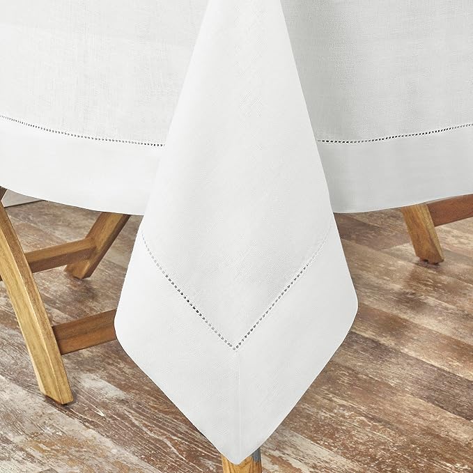D'Moksha Homes White Linen Tablecloth for Rectangle Tables 60 x 144 Inch - 100% Pure Linen White Table Cloth - Classic Hemstitch, Machine Washable Dining Tablecloth for Valentines, Spring, Easter