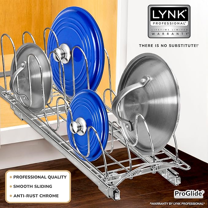 LYNK PROFESSIONAL짰 Pull Out Pot Lid and Cookie Sheet Organizer Rack for Cabinet - Lifetime Ltd. Warranty - Sliding Kitchen Organizers ??Pans, Pots, Lids, and Tray Storage - 7.25 wide x 21 inch, Chrome