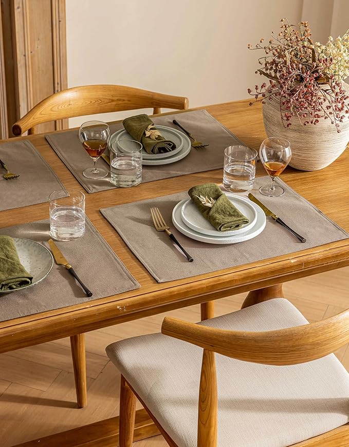 Placidy Linen Dining Table Placemats Set of 6 Indoor Brown Plate Placement Mats Farmhouse Cloth Place Mats Water Repellent Heat Resistant 12x18 Inch