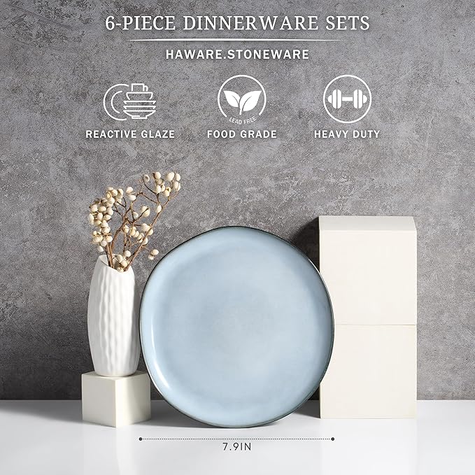 HaWare Stoneware Salad Plates Set of 6, 7.9??Heavy Duty Ceramic Plates, Reactive Glaze Dinnerware for Home Restaurant, Chip and Scratch Resistant, Microwave and Dishwasher Safe, Reactive Foggy Blue