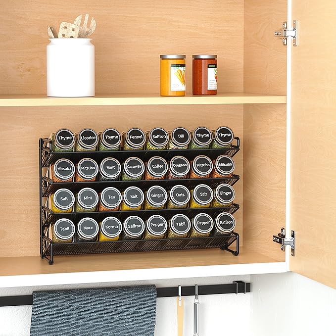 SpaceAid Spice Rack Organizer with 32 Spice Jars, 386 Spice Labels, Chalk Marker and Funnel Set for Cabinet, Countertop, Pantry, Cupboard or Door & Wall Mount - 32 Jars, 15.3" W 횞 10.8" H, Black
