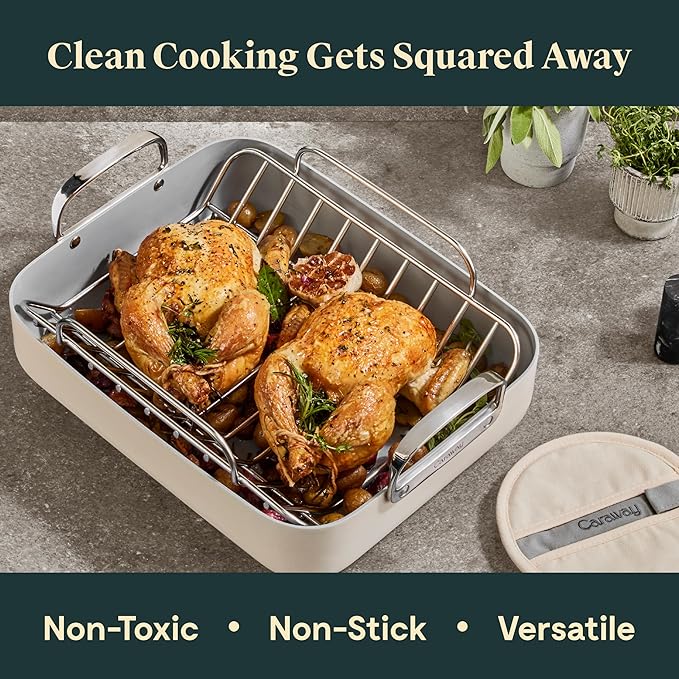 Caraway Roasting Pan - 16x13??Roasting Pan with Rack - Non-Stick Ceramic Coated - Non Toxic, PTFE & PFOA Free - Oven Safe & Compatible with All Stovetops - Navy