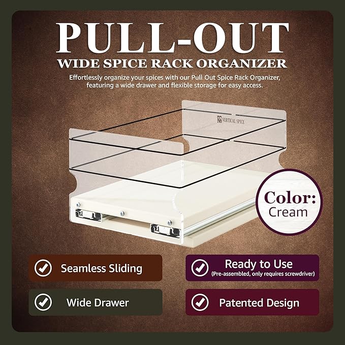 Vertical Spice - Pull Out Cabinet & Pantry Organizer Drawer - Made in USA - Sliding Drawers for Inside Cabinets - Cabinet Pull Out Shelves - 1 Tier - 6.9" x 5.0" x 10.6"(Cream, Partially Assembled)