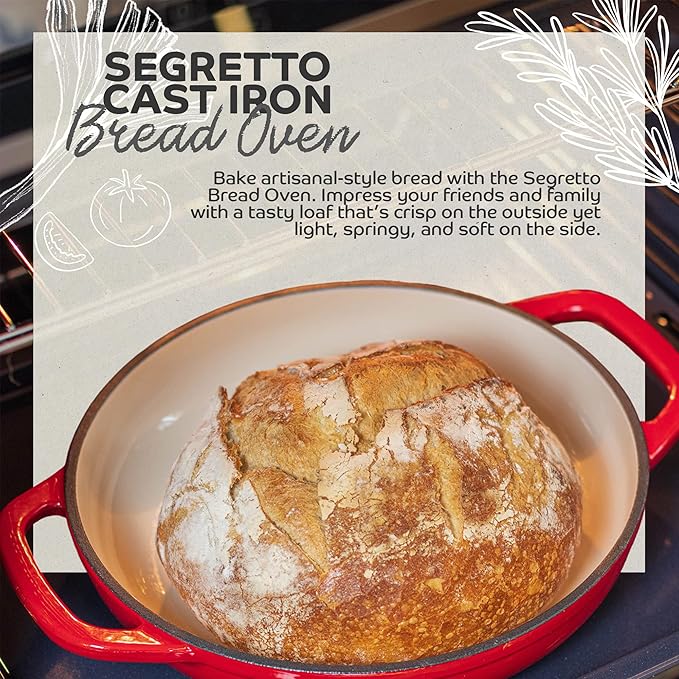 Enameled Cast Iron Bread Pan with Lid, 11??Red Bread Oven Cast Iron Sourdough Baking Pan, Dutch Oven for Bread, No Seasoning Needed -Segretto Cookware