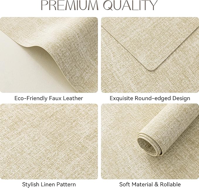 Romanstile Vinyl Placemats Set of 6-12 X 17 Inch - Heat Resistant Place Mats 100% Waterproof Oilproof Wipeable Reversible Faux Leather Table Mats for Kitchen, Dining, Party, Outdoor, Beige