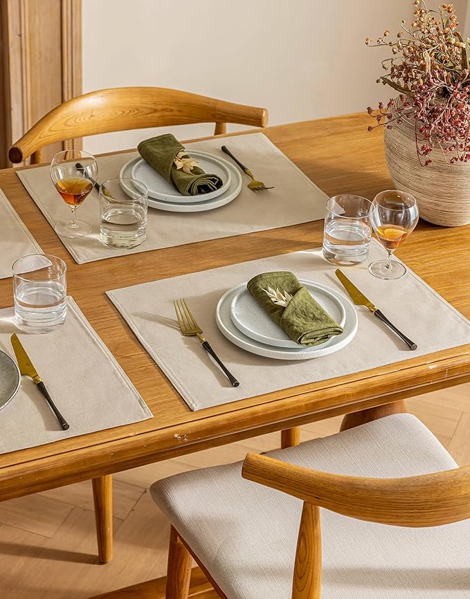 Placidy Fabric Linen Dining Table Mats Set of 8 Machine Washable Water Repellent Boho Cream Beige Plate Placemats Dining Room Table Decorations 12x18 Inch