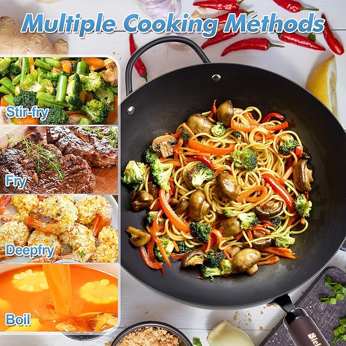 BIELMEIER Carbon Steel Wok, 12.5 Inch Stir Fry Pan with Lid, Natural Non-Stick Flat Bottom Wok for All Cooktops, Pre-Seasoned for Asian Cuisine, Saut챕, Searing
