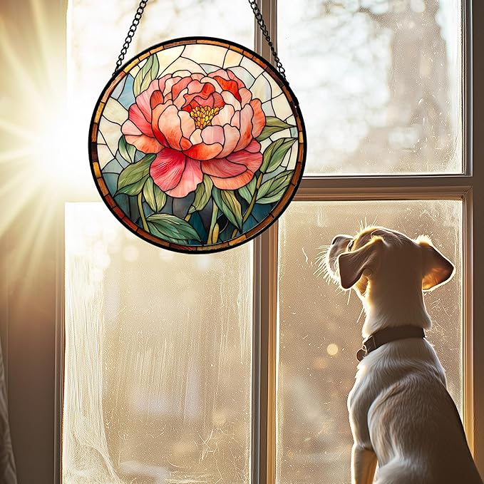 Stained Glass Window Hanging - Pink Peony Floral Suncatcher for Door Garden Yard Birth Flower Sun Catchers Decor Christmas Mother's Day Birthday Gifts for Women Mom Nana Wife Teacher 11.8 in