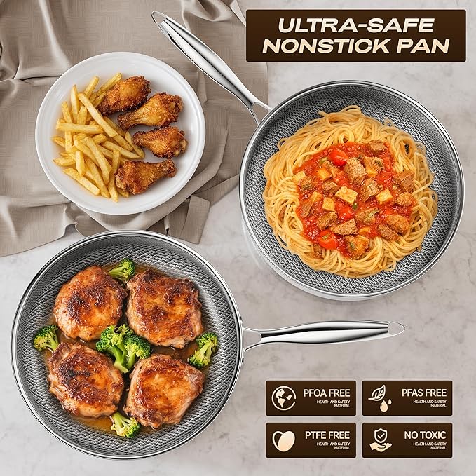 Frying Pans Nonstick with Lid,Hybrid Nonstick 4-Quart Deep Saut챕 Pan, Stay-Cool Handle,PFAS PFOA PTFE Free,10 Inch Deep Frying Pan Dishwasher-Friendly, Oven-Safe, Compatible with All Cooktops