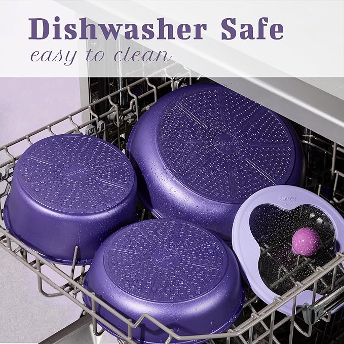 CAROTE 11pcs Ceramic Cookware Set, Pots and Pans Set Non stick, Induction Kitchen Cookware with Removable Handle, Dishwasher & Oven Safe, RV/Camping Cookware, PFAS Free, Purple
