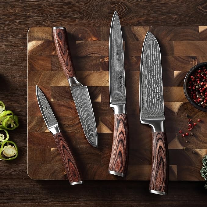 Wakoli EDIB 4-Piece Damascus Knife Set ??Professional Chef Knives Set with VG10 Core Blades, 67-Layer Damascus Steel and Ergonomic Pakkawood Handles ??Premium Kitchen Knives in Elegant Gift Box