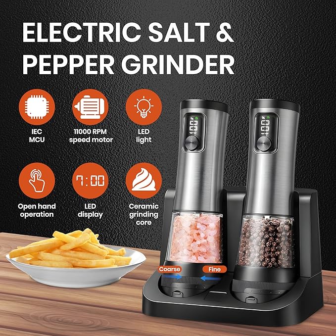Electric Salt & Pepper Grinder Set ??Automatic Battery Operated Shakers, 5-Level Adjustable Coarseness, Dual Speed, USB Rechargeable, Large Capacity, Ideal Housewarming Gift (Stainless Steel)