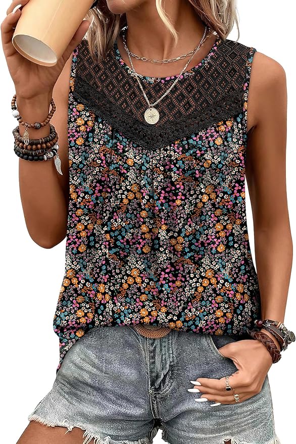 XIEERDUO Womens Tank Tops Sleeveless Lace Crochet Boho Tops Loose Fit Pleated Tunics Crewneck Summer Vacation Outfits Flowy