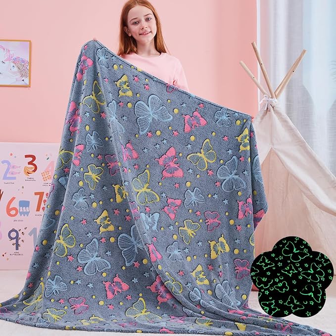 QSTEHEML Butterfly Glow in The Dark Blanket,Butterfly Gifts Toys for Kids Girls Age 3-12 Years Old, Birthday, for Daughter, Toddler, Teen, and Grandkids Soft Throw 50"횞60"