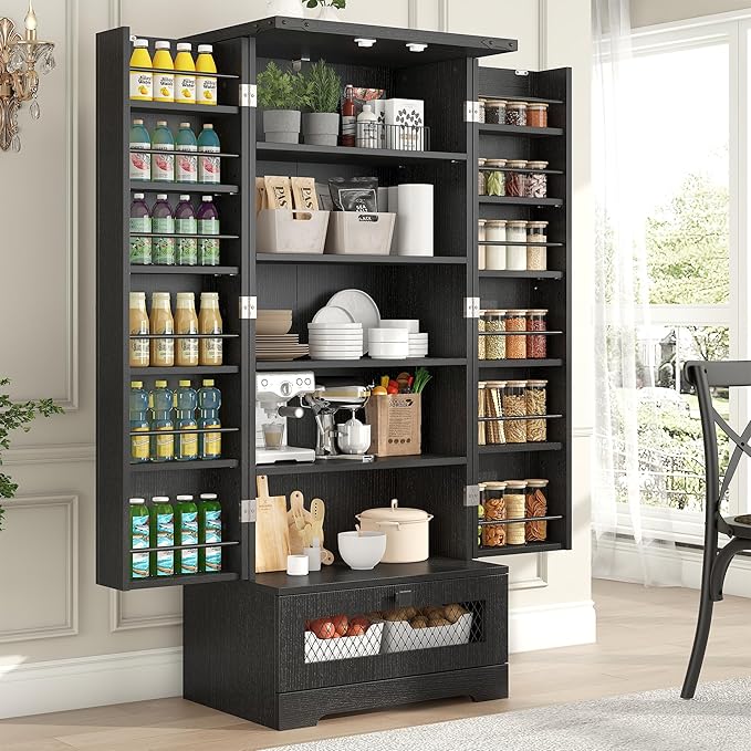 Kitchen Pantry Cabinet, Pantry Storage Cabinet with Adjustable Shelves and Drawer, Kitchen Buffet Cupboards Storage Shelf for Home Office Use (Black, 16" D x 24" W x 55" H)