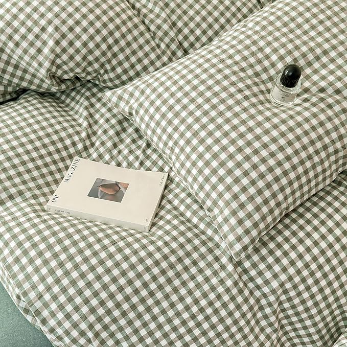 LifeTB Green Gingham Comforter Set Full Size Boho Plaid Checkered Pattern Comforter Geometric Grid Plaid Printed Bedding Comforter Set with 2 Pillowcases Fluffy Soft Gingham Bedding Set Full Size
