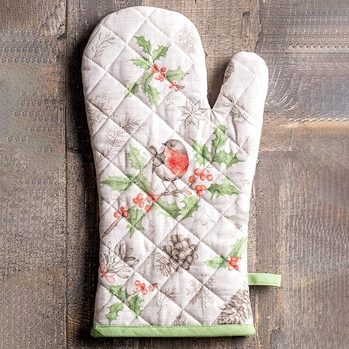 Maison d' Hermine Oven Gloves 100% Cotton Oven Mitt 7" x 13" with Loop Heat Resistant BBQ Cooking Gloves for Thanksgiving Christmas Decorations Baking Handling Hot Pans (Pack of 1, Christmas Dew)