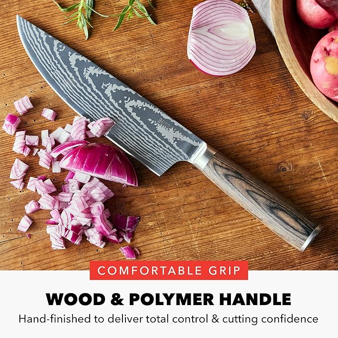 GreenPan x Bobby Flay 8" Chef's Knife with Sheath, Premium Stainless Steel Blade, Precision Cutting Kitchen Tool, Ultra-Sharp Cutlery, Hand Finished Ergonomic Wood Handle, Damascus Steel Design