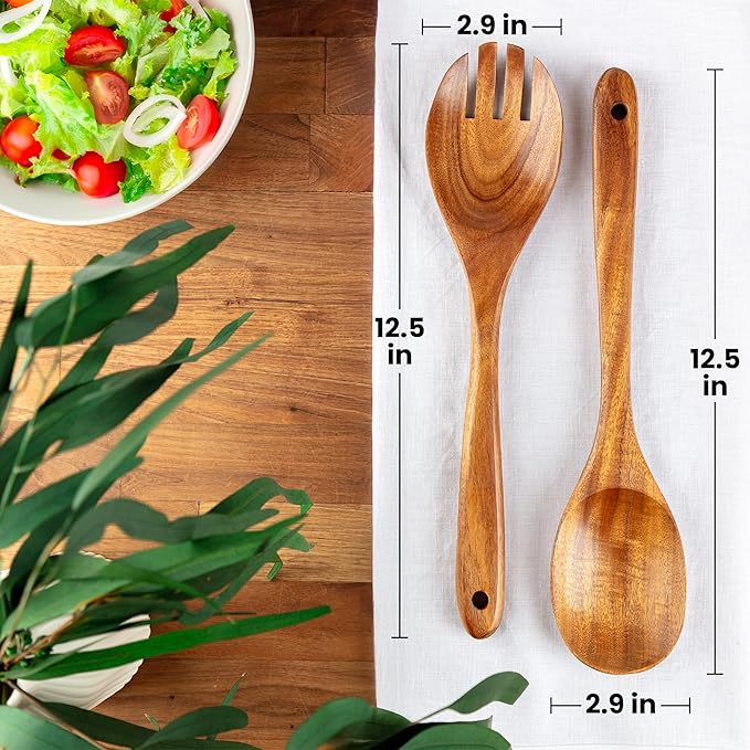 Zulay Kitchen Teak Wood Utensil Set ??2 Piece Large Wooden Salad Serving Spoon and Fork, Handcrafted Natural Teak Wood Kitchen Utensils, Durable, Nonstick Safe & Smooth Finish